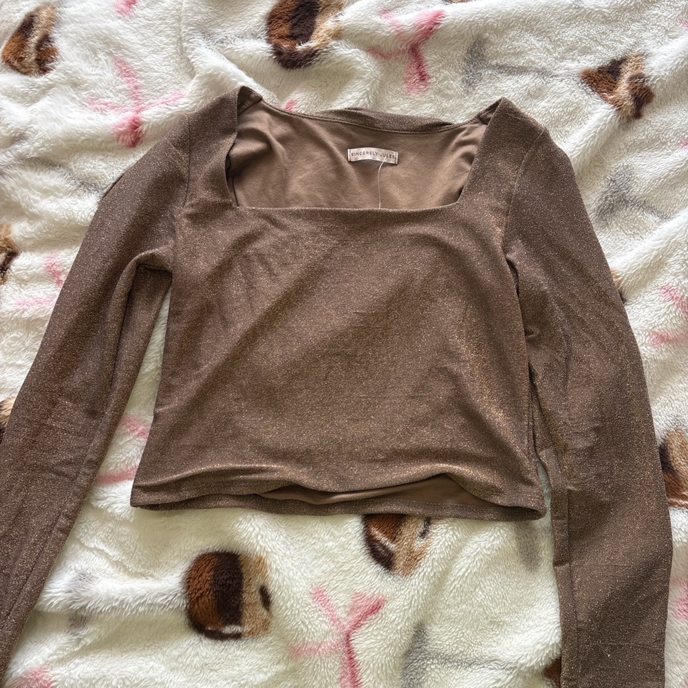 Square Neck Shimmery Brown Long Sleeve Top